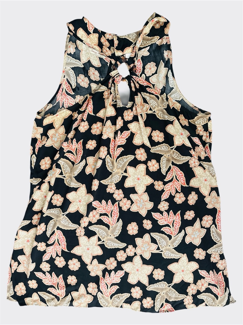 Tommy Bahama Black Floral Keyhole Silk Tank with Cream & Pink Accents Size XL